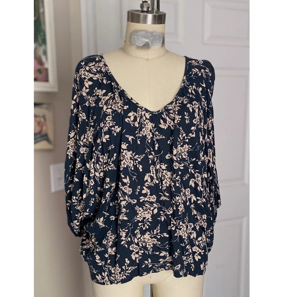 LAUREN CONRAD Navy Cotton Hyper Floral Bohemian Blouse Tunic Shirt *X-SMALL*